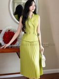 Set áo váy xanh bơ xếp ly
