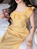 Đầm caro vàng phối cổ nhún