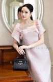 Đầm hồng cổ vuông tay phồng