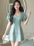 Đầm xanh mint tay phồng cúp ngực