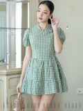 Đầm caro xanh cổ sơ mi