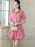 Đầm babydoll caro đỏ cổ sơ mi