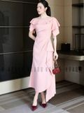 Đầm hồng cổ thuyền vạt xéo