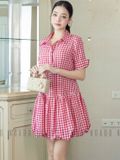 Đầm babydoll caro đỏ cổ sơ mi