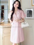 Đầm hồng cổ vest tay phồng