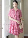 Đầm babydoll caro đỏ cổ sơ mi