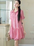 Đầm babydoll caro đỏ cổ sơ mi