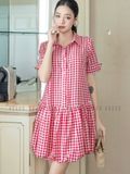 Đầm babydoll caro đỏ cổ sơ mi