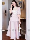 Set áo váy hồng cổ phối trắng