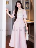 Set áo váy hồng cổ phối trắng