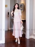 Set áo váy hồng cổ phối trắng