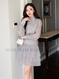 Đầm xám phối voan