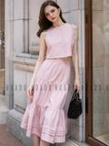 Set áo váy hồng croptop sát nách