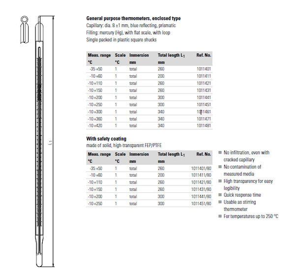 Nhiệt kế thủy tinh cầm tay Ludwig Schneider 1011401~1011481 (-35~420°C, Scale: 1°C)