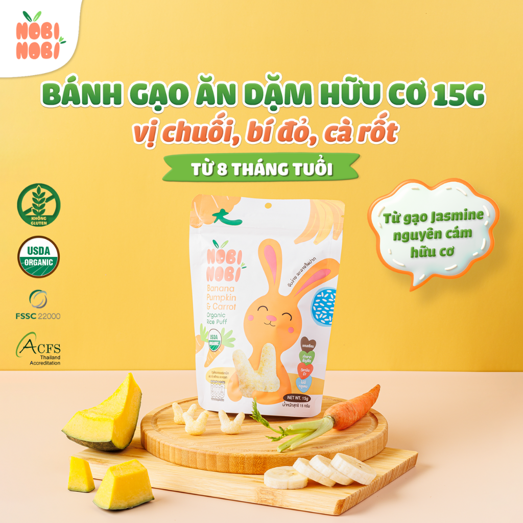 Thực phẩm bổ sung bánh gạo ăn dặm hữu cơ cho bé Nobi Nobi vị chuối, bí đỏ, cà rốt 15g (Từ 8 tháng tuổi)