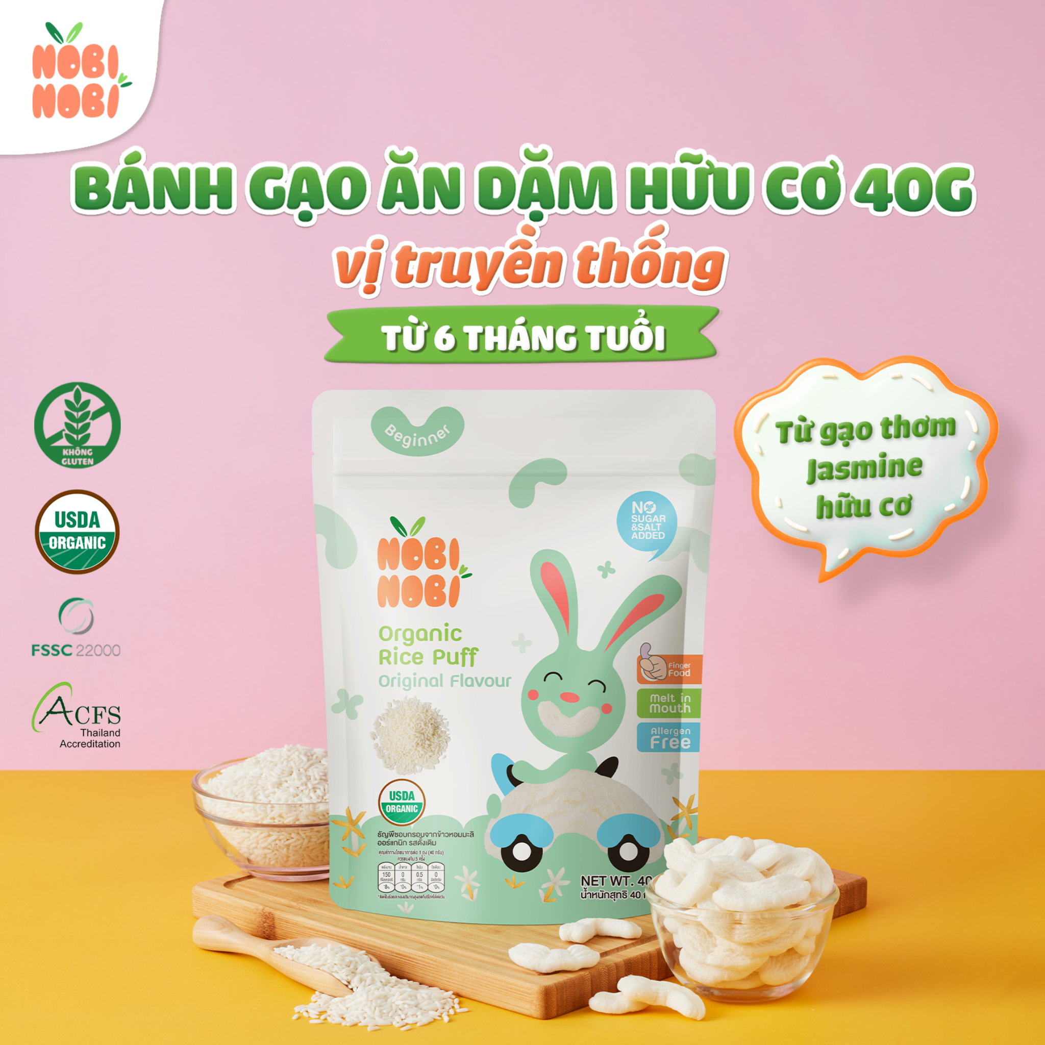 Thực phẩm bổ sung bánh gạo ăn dặm hữu cơ cho bé Nobi Nobi vị truyền thống 40g (Từ 6 tháng tuổi)