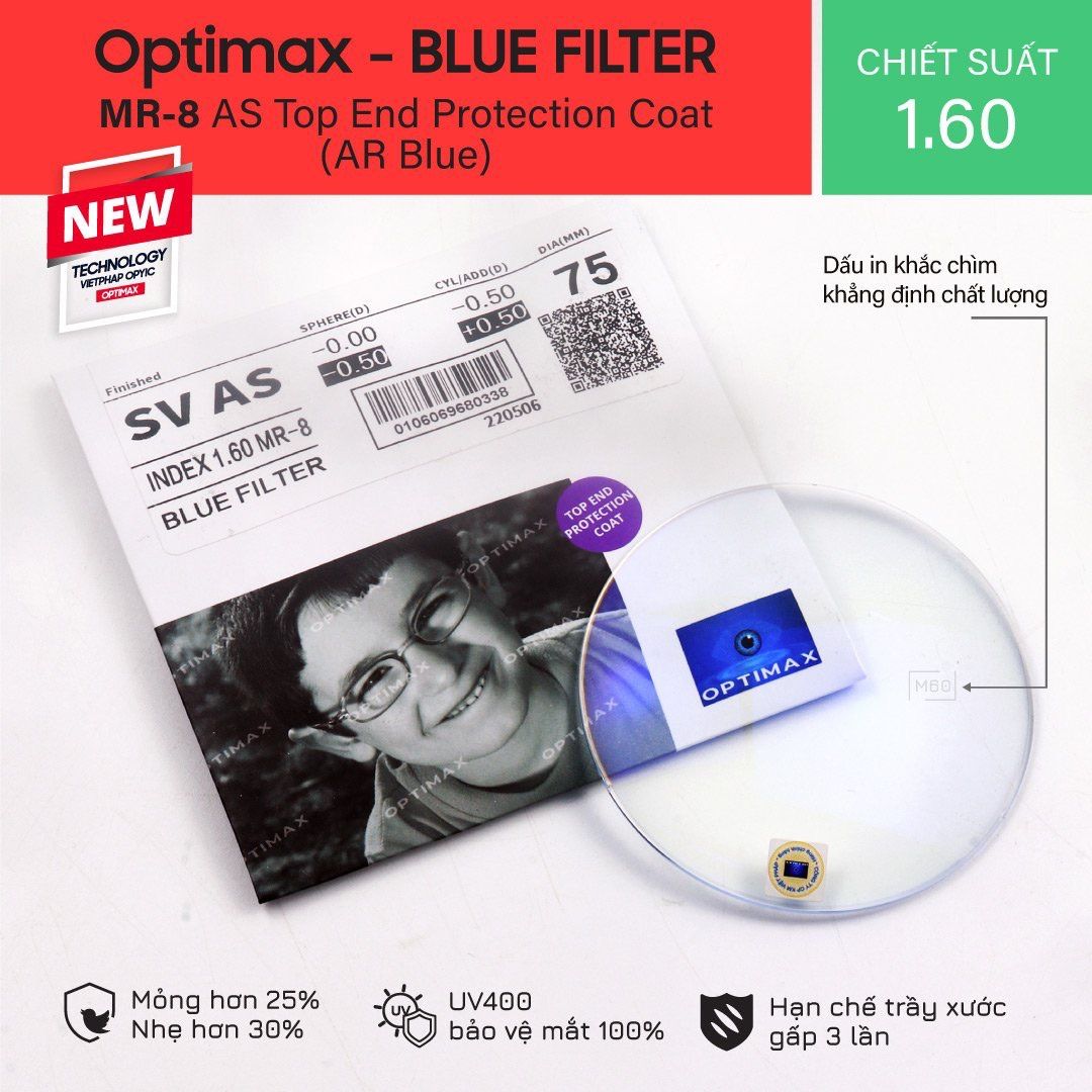 Tròng kính Optimax 1.60 Blue Filter
