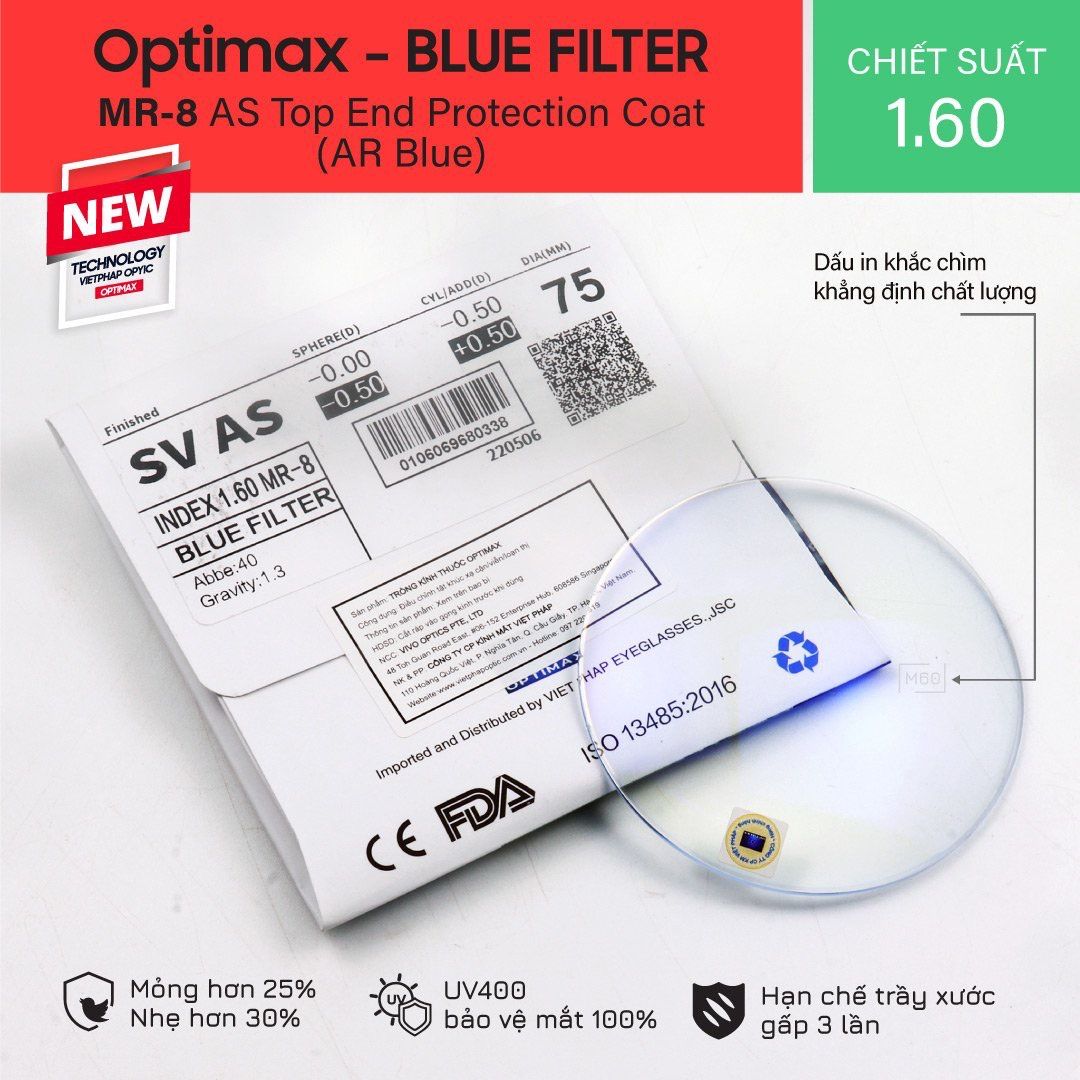 Tròng kính Optimax 1.60 Blue Filter