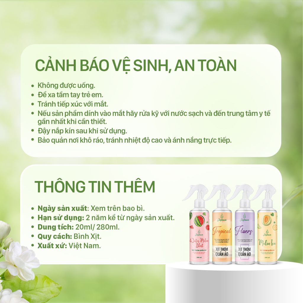 Xịt Thơm Quần Áo JULYHOUSE 20ml/280ml Chiết Xuất Tinh Dầu Thiên Nhiên Thơm Mát Hương Tropical