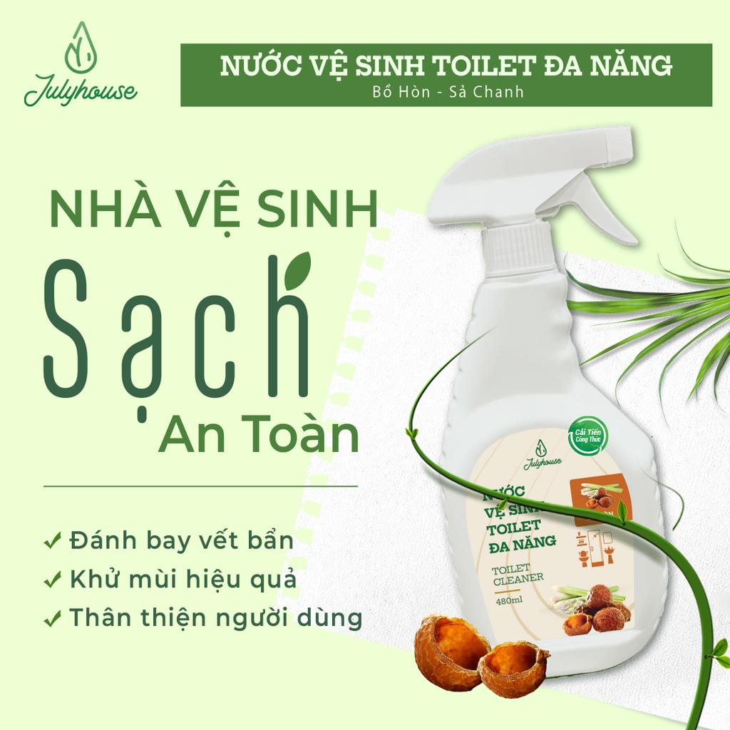 Nước tẩy bồn cầu Vệ Sinh Toilet Đa Năng JULYHOUSE 480ml chiết xuất Bồ Hòn và tinh dầu Sả Chanh làm sạch khử mùi hiệu quả