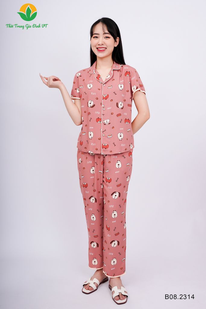 B08.2314. Bộ Pijama lanh nữ Việt Thắng quần dài áo cộc tay phối lé