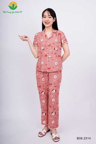 B08.2314. Bộ Pijama lanh nữ Việt Thắng quần dài áo cộc tay phối lé