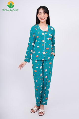 B10.2301. Bộ Pijama lanh nữ mặc nhà Việt Thắng quần dài áo dài tay phối ve cổ
