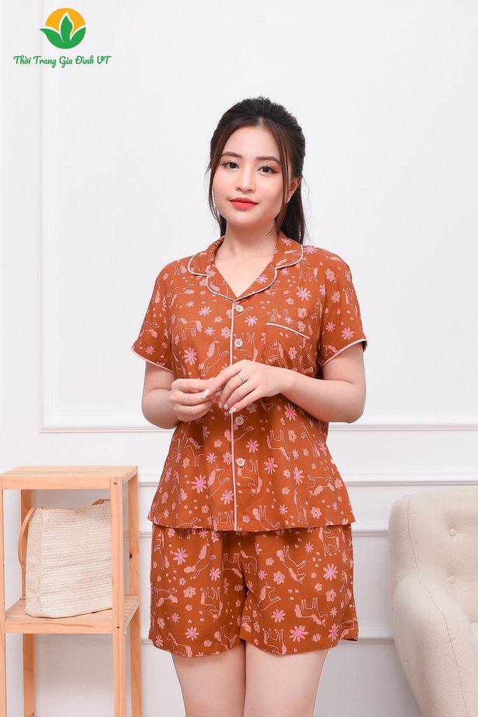 B03.2305. Bộ lanh mặc nhà Pijama nữ Việt Thắng quần đùi áo cộc tay