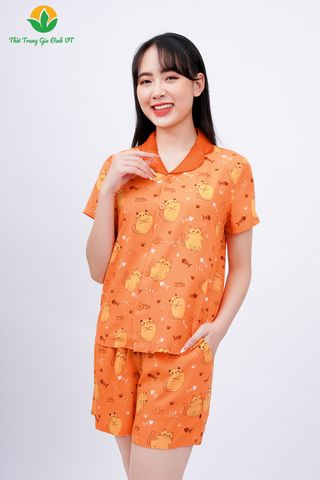 B03.2301.Bộ đồ mặc nhà nữ Việt Thắng quần đùi áo cộc tay chất lanh cổ lụa