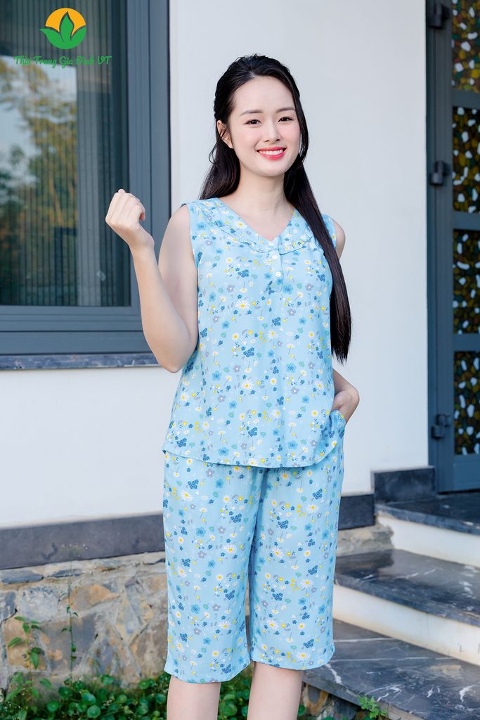 B05.2426. Bộ mặc nhà nữ Việt Thắng chất lanh quần lửng áo sát nách bèo cổ