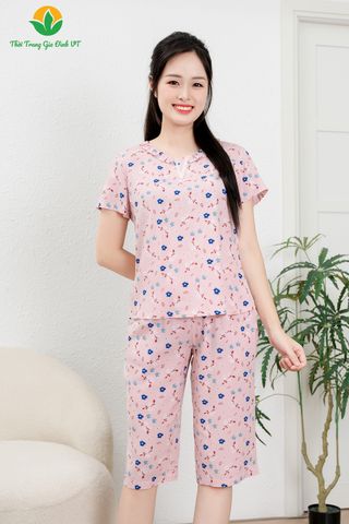 B06.2408.Bộ lanh nữ quần lửng áo cộc tay cổ kẹp bèo