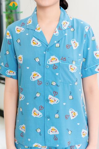 B06.2416. Bộ pijama mặc nhà mùa hè Việt Thắng lanh nữ quần lửng áo cộc tay