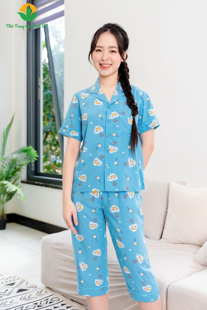 B06.2416. Bộ pijama mặc nhà mùa hè Việt Thắng lanh nữ quần lửng áo cộc tay