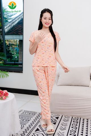 B08.2401. Bộ mặc nhà lanh nữ Việt Thắng quần dài áo cộc tay cổ phối ren