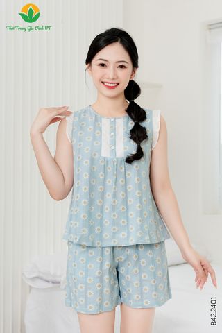 B42.2401.Bộ cotton nữ quần đùi áo sát nách phối ren