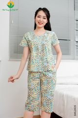 B46.2409.Bộ cotton nữ quần lửng áo cộc tay mở khuy phối ren