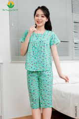 B46.2409.Bộ cotton nữ quần lửng áo cộc tay mở khuy phối ren