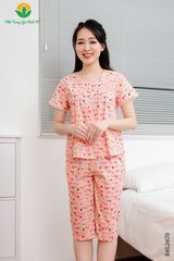 B46.2409.Bộ cotton nữ quần lửng áo cộc tay mở khuy phối ren