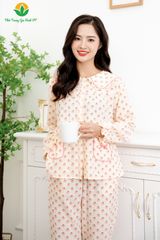 B50.2330. Bộ đồ nữ Việt Thắng chất liệu cotton xốp quần dài áo dài tay cổ sen bèo