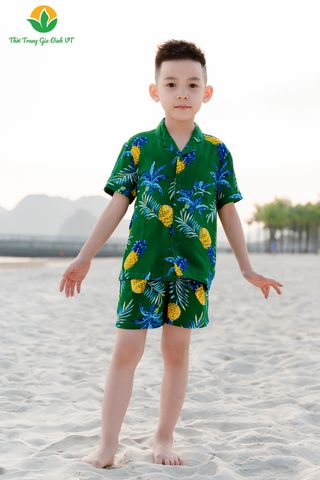 B63.2218.Bộ lanh bé trai quần đùi áo cộc tay Pijama gia đình