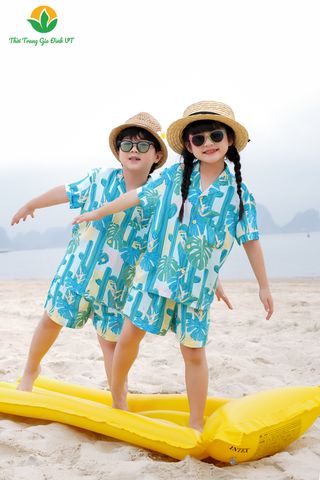 B63.2318. Bộ lanh Pijama trẻ em Việt Thắng quần đùi áo cộc tay đi biển