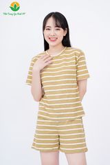 B43.2307. Đồ bộ cotton dệt kim nữ mặc nhà Việt Thắng, quần đùi, áo cộc tay kẻ