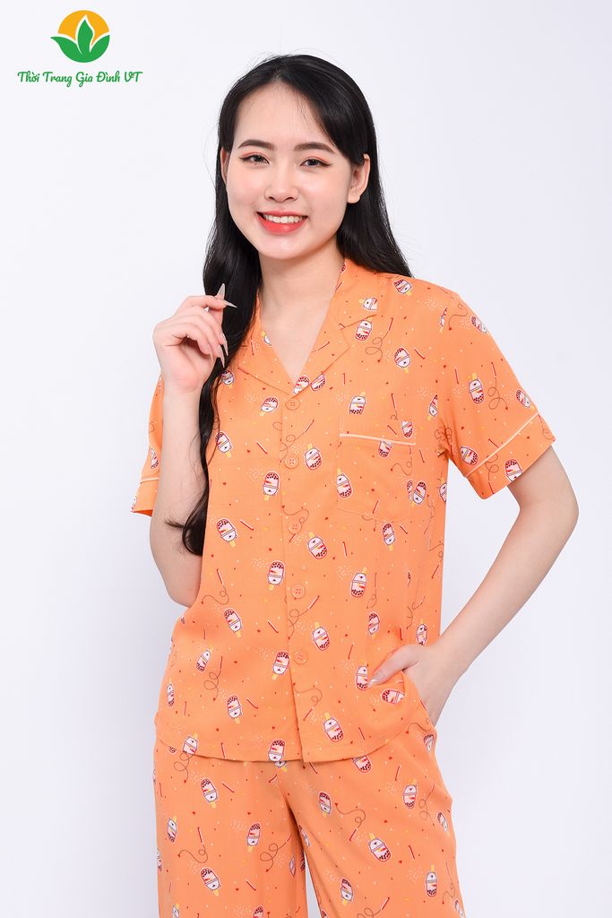 B06.2316. Bộ pijama lanh nữ mùa hè Việt Thắng, quần lửng, áo cộc tay