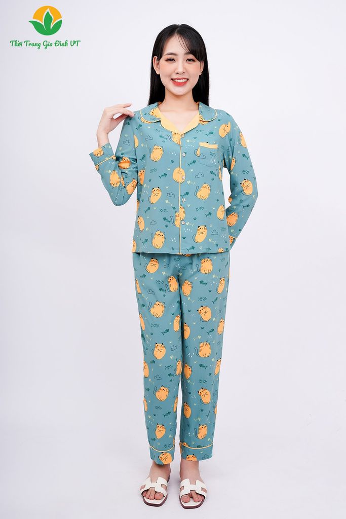 B10.2301. Bộ Pijama lanh nữ mặc nhà Việt Thắng quần dài áo dài tay phối ve cổ