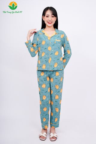 B10.2301. Bộ Pijama lanh nữ mặc nhà Việt Thắng quần dài áo dài tay phối ve cổ