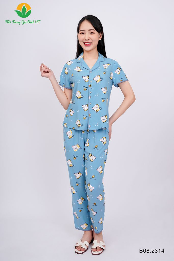 B08.2314. Bộ Pijama lanh nữ Việt Thắng quần dài áo cộc tay phối lé