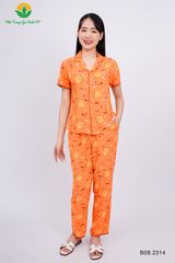 B08.2314. Bộ Pijama lanh nữ Việt Thắng quần dài áo cộc tay phối lé