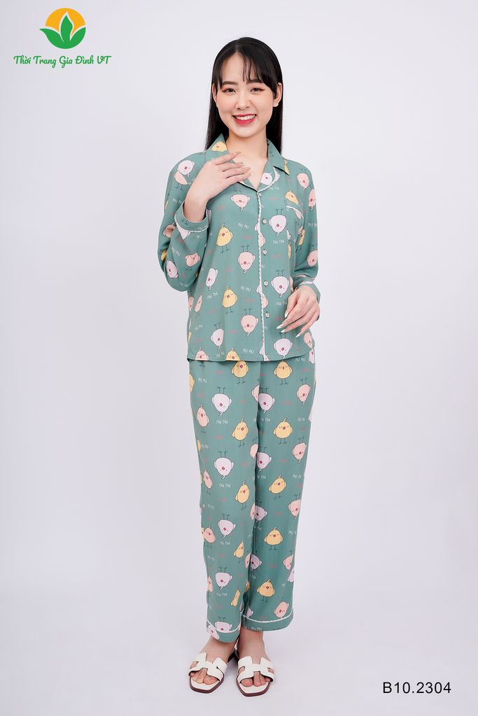 B10.2304. Bộ đồ Pijama lanh mặc nhà cho nữ Việt Thắng quần dài, áo dài tay phối ren