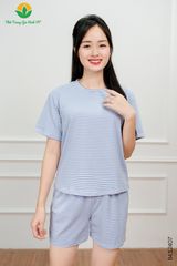 B43.2407.Bộ mặc nhà cotton dệt kim nữ Việt Thắng quần đùi áo cộc tay kẻ