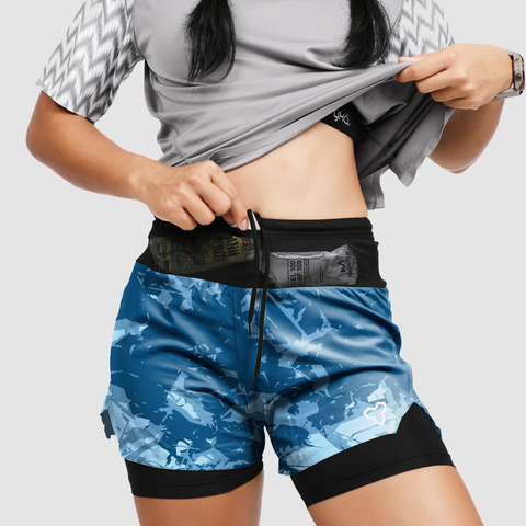 Quần Short Thể Thao Chạy Bộ Nữ Đa Năng MOTIVE WOMAN SHORT BELT - Màu Xanh (họa tiết)